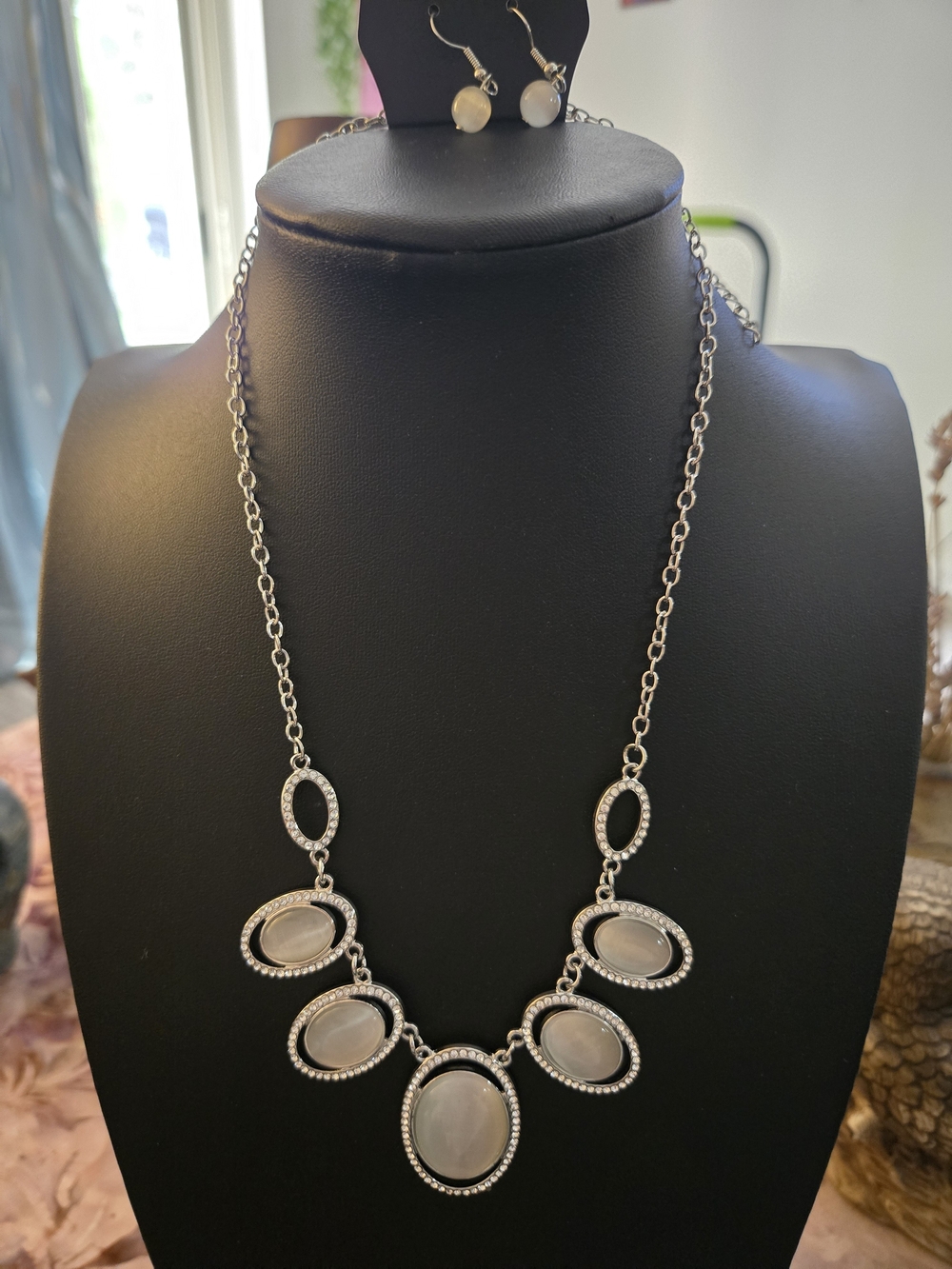 Silver-Tone White Stone Statement Necklace and Earrings